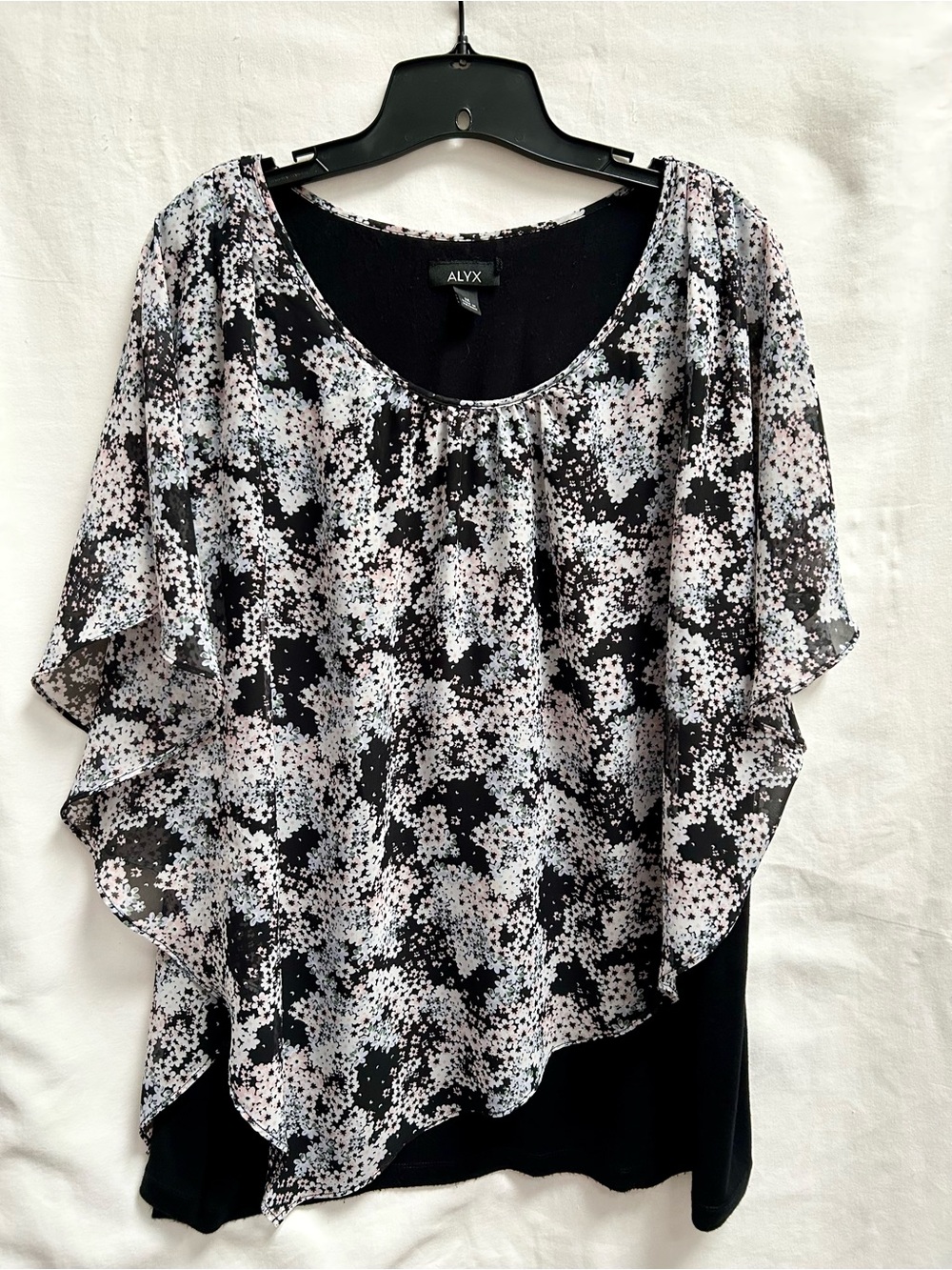 ALYX BLACK, WHITE, PINK, FLORAL CHIFFON OVERLAY TOP, SIZE 1X